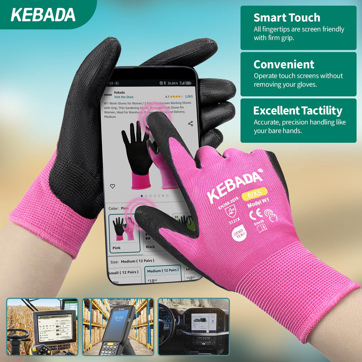 Kebada W1 pink gloves with touchscreen-friendly fingertips in use.