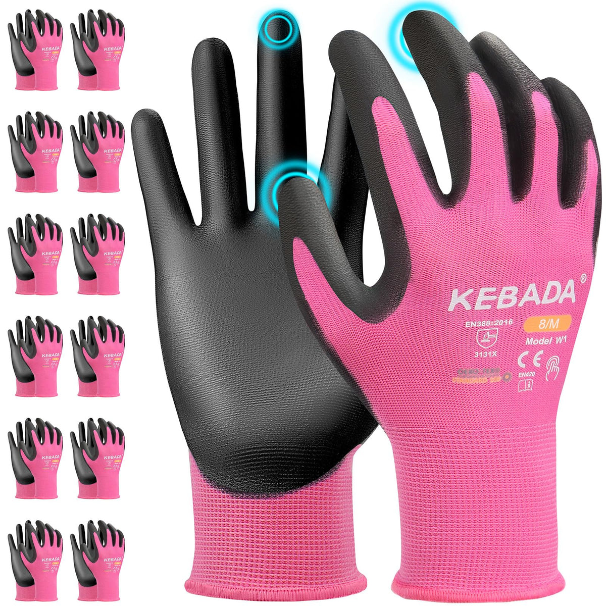 Kebada W1 pink women's gloves showing palm grip for secure handling.