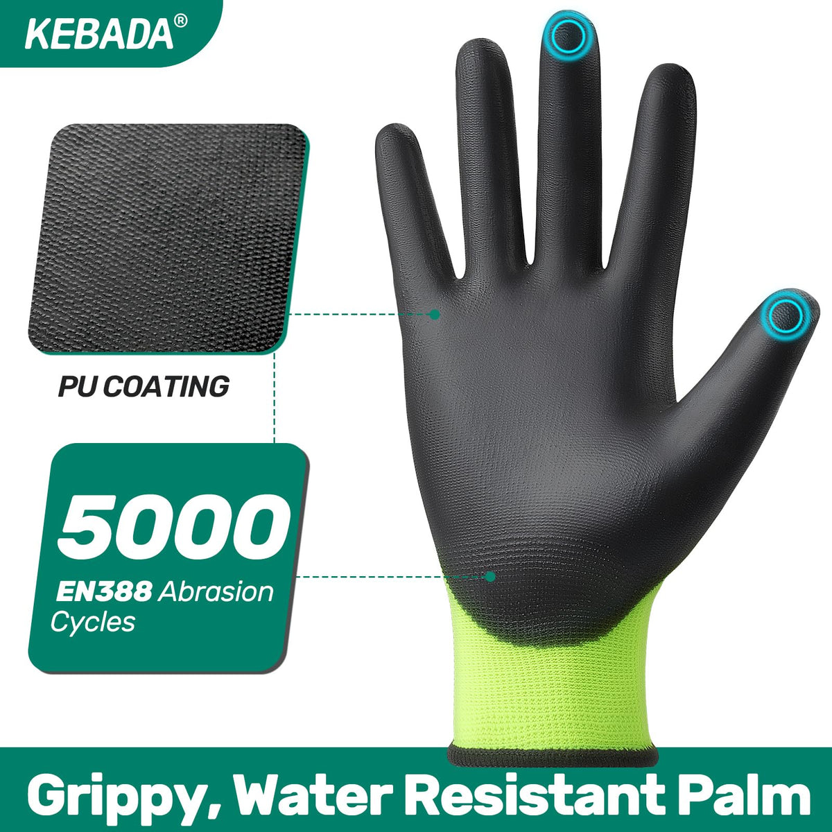 Close-up of Kebada W1 gloves showing PU grip on palm