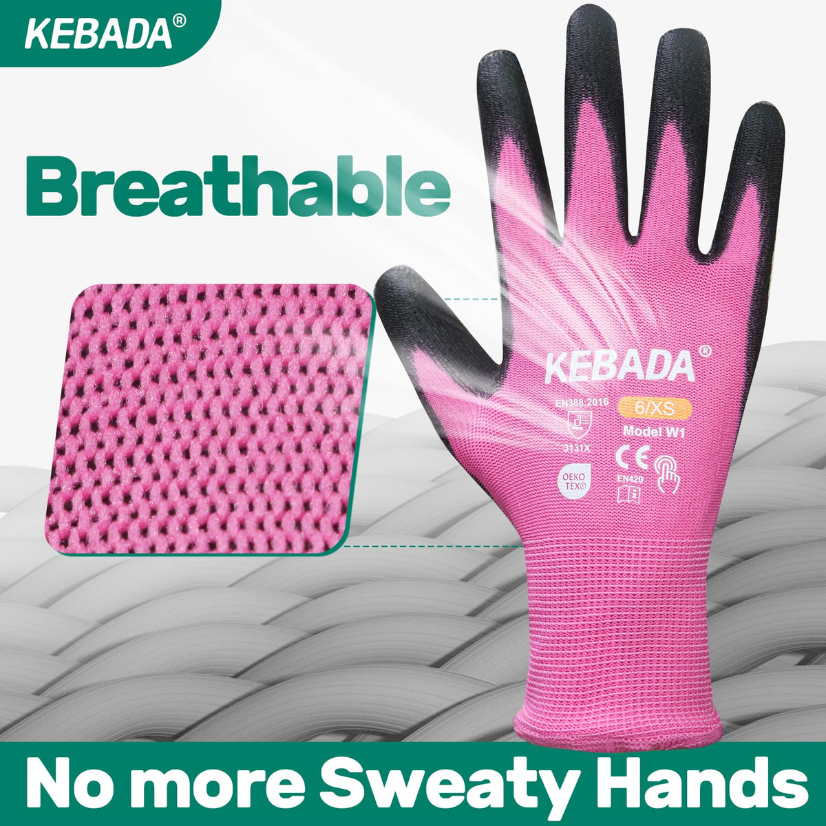 Kebada W1 PU-coated gloves providing grip in dry and wet conditions.