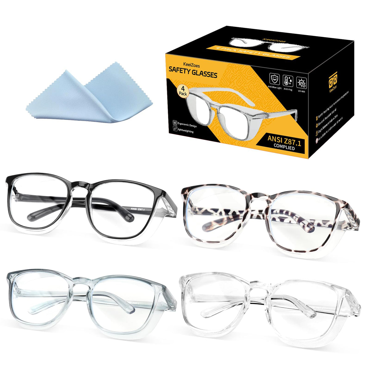 KeeiZoes anti-fog safety glasses close-up for clear all-day vision.