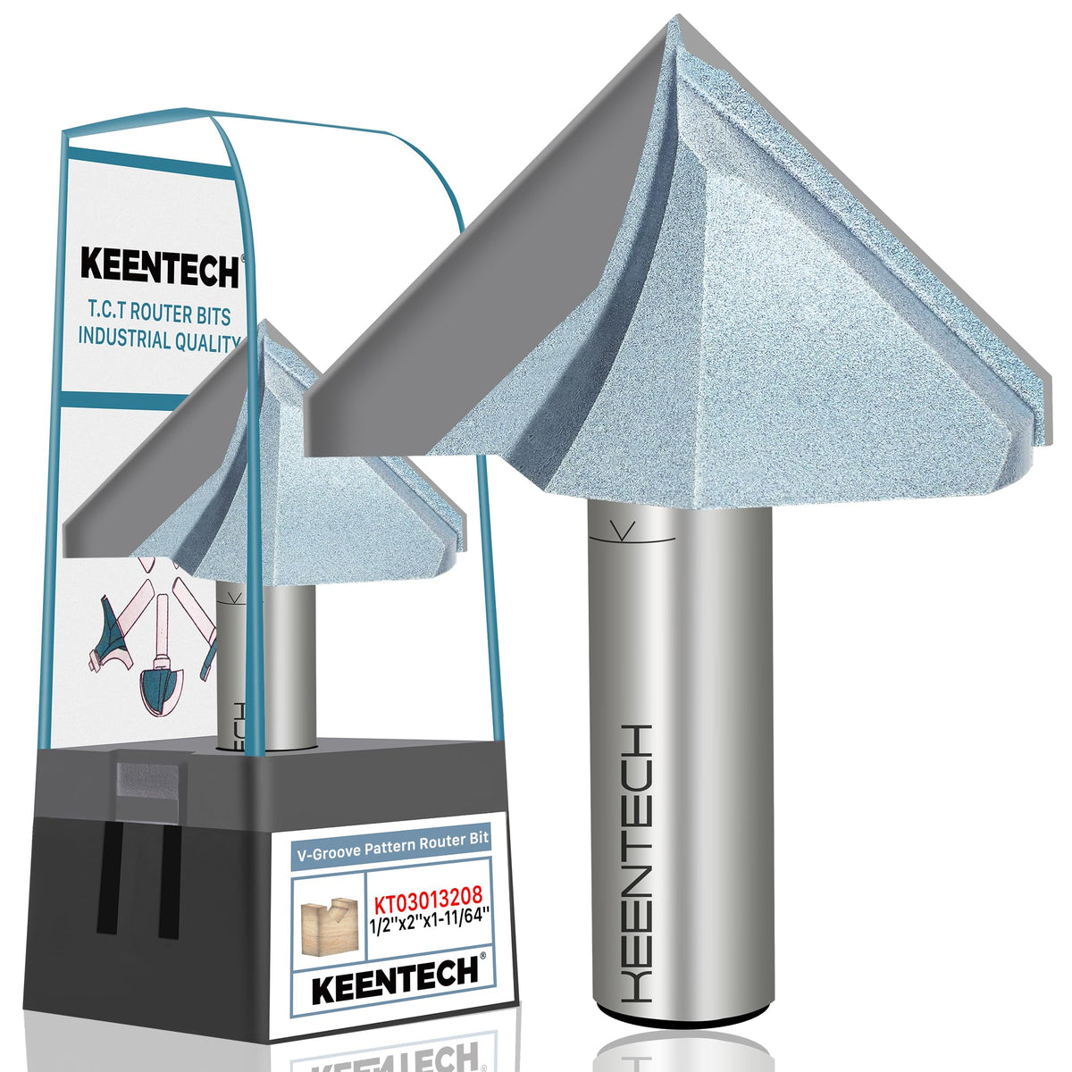 KEENTECH 90-degree V-groove bit closeup with sharp carbide edge for precise grooves.