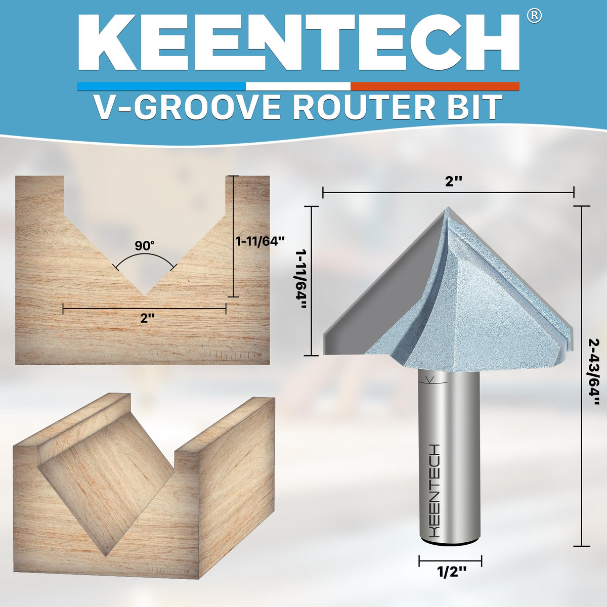 KEENTECH V-groove bit cutting edge shown delivering controlled cuts in wood.