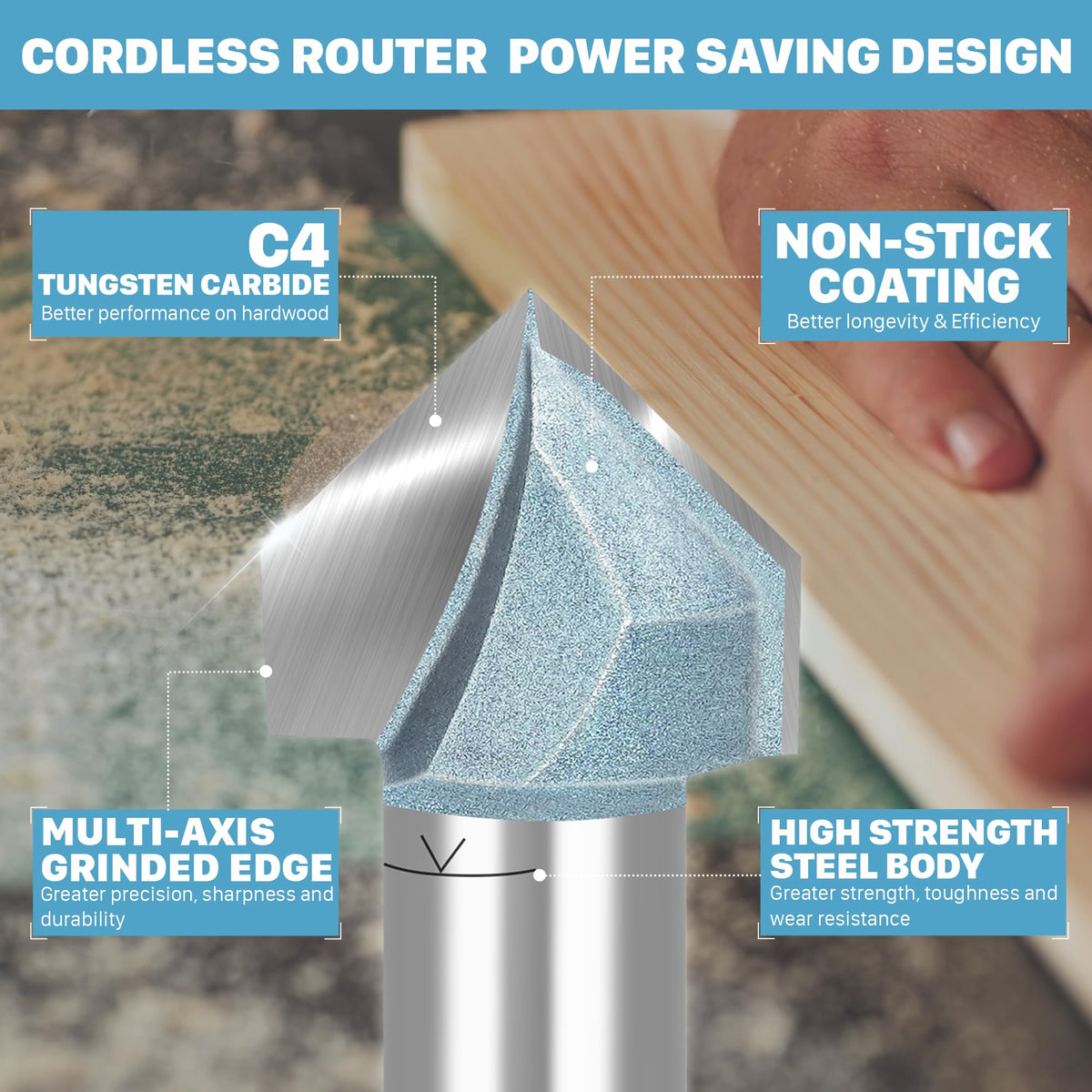 KEENTECH 90-degree V-groove bit cutting through wood and acrylic with minimal tear-out.