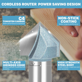 KEENTECH 90-degree V-groove bit cutting through wood and acrylic with minimal tear-out.