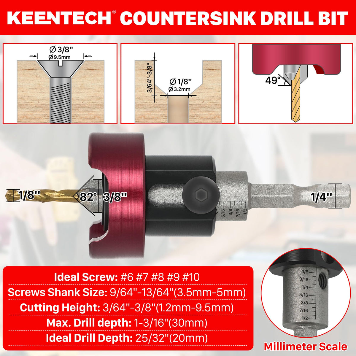 KEENTECH adjustable depth control ensures uniform hole depth in wood projects.