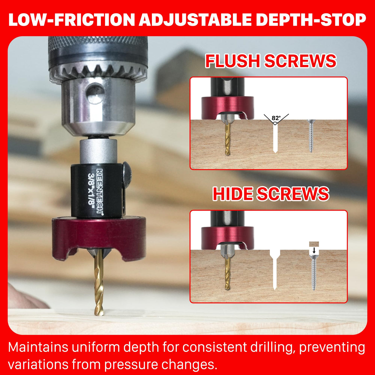 KEENTECH anti-slip 1/4" quick-release hex shank for secure bit changes.
