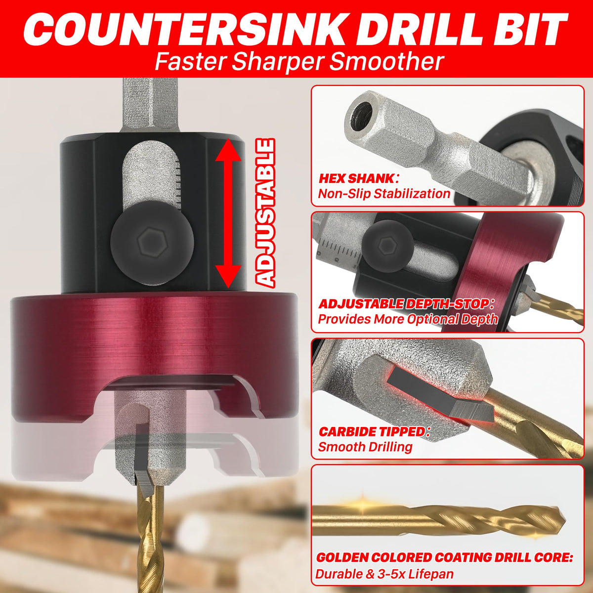 KEENTECH countersink works on softwood and hardwood for precise pre-drilling.