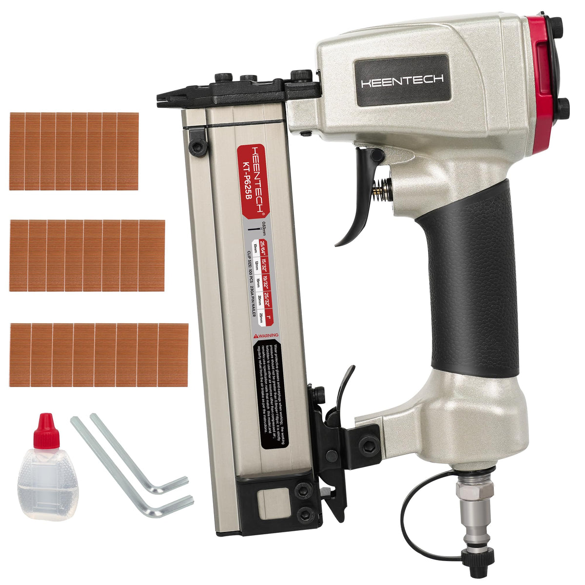 KEENTECH 23GA pin nailer angled for precise trim
