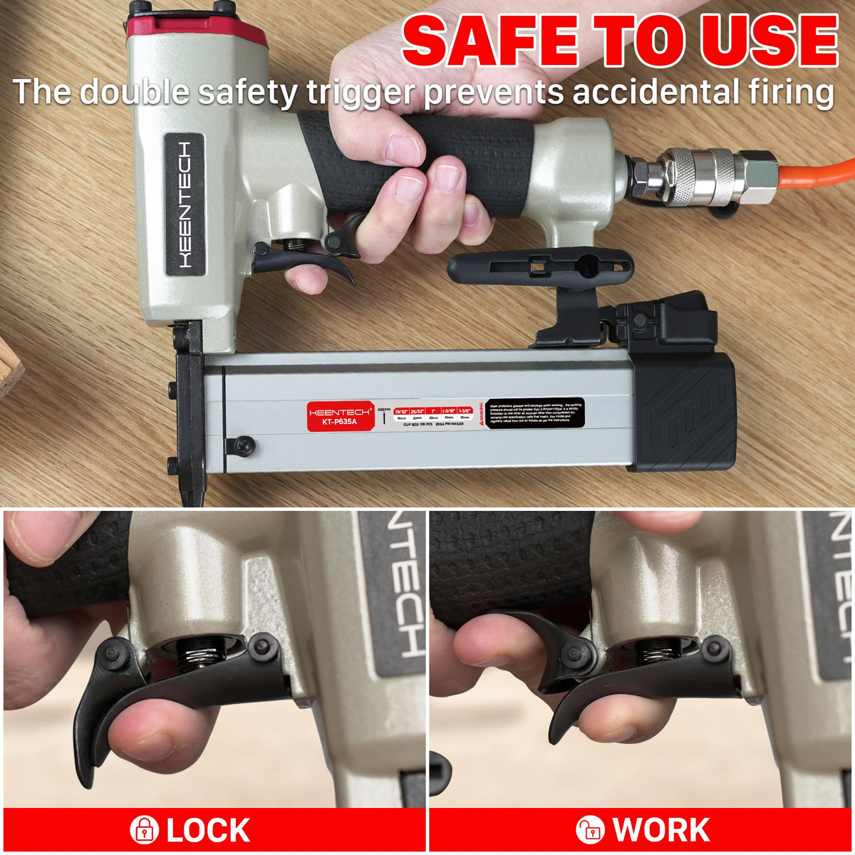 KEENTECH Pneumatic Pin Nailer durable aluminum body built for long use.