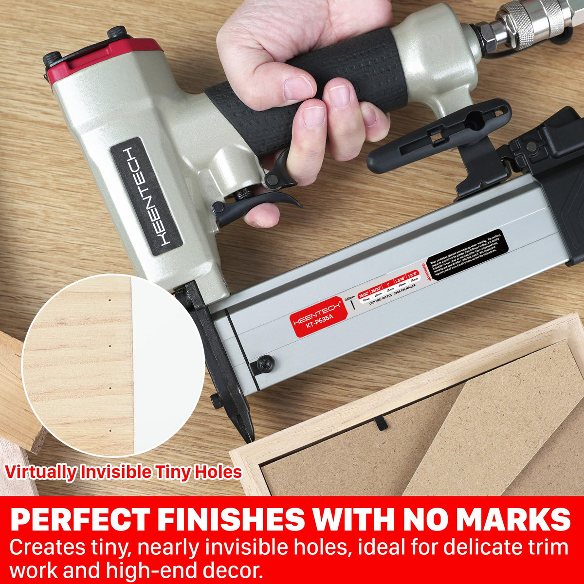 KEENTECH Pneumatic Pin Nailer loading nail strip for efficient setup.