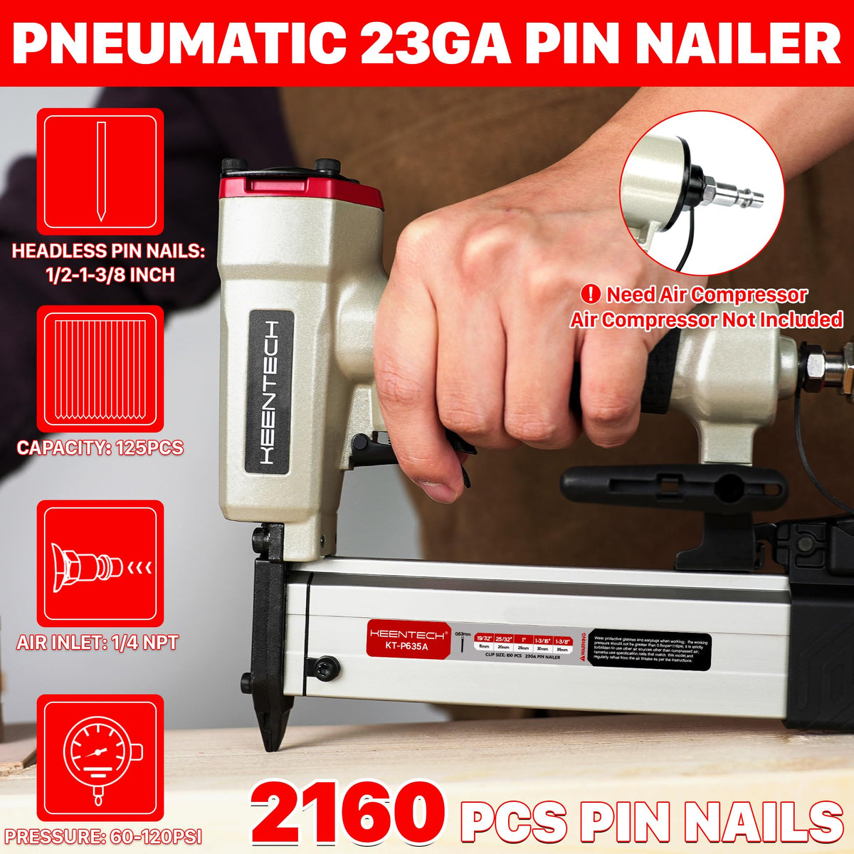 KEENTECH Pneumatic Pin Nailer side view showing compact ergonomic grip for comfortable use.