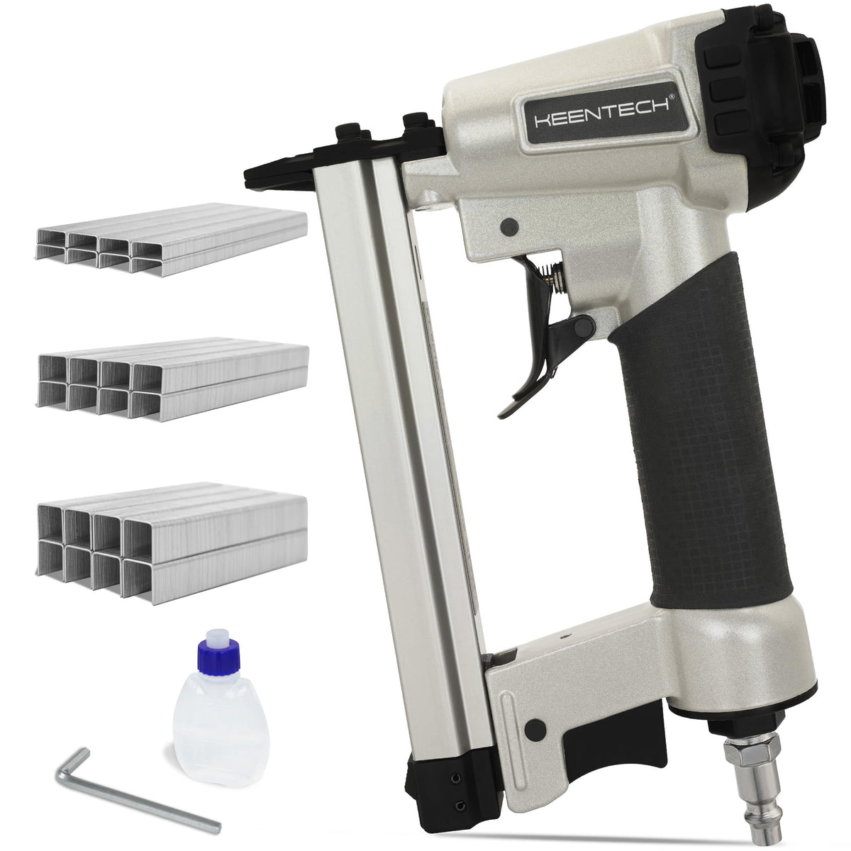 KEENTECH Pneumatic Staple Gun side view securing upholstery fabric