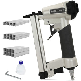 KEENTECH Pneumatic Staple Gun side view securing upholstery fabric