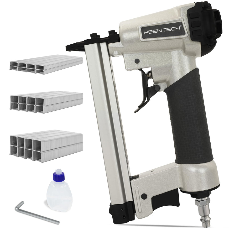 KEENTECH Pneumatic Staple Gun side view securing upholstery fabric
