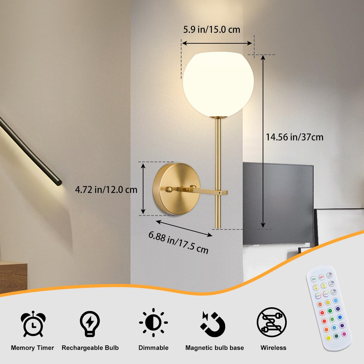 Keep Shinning gold battery wall sconce side view highlighting slim profile and versatility