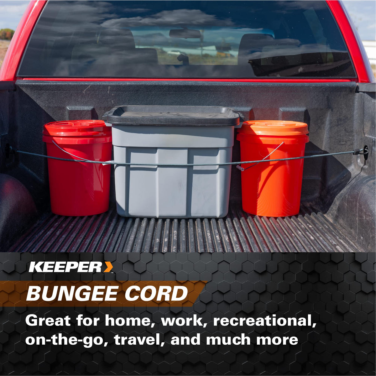 Keeper four-pack secures multiple items or pairs for larger loads.