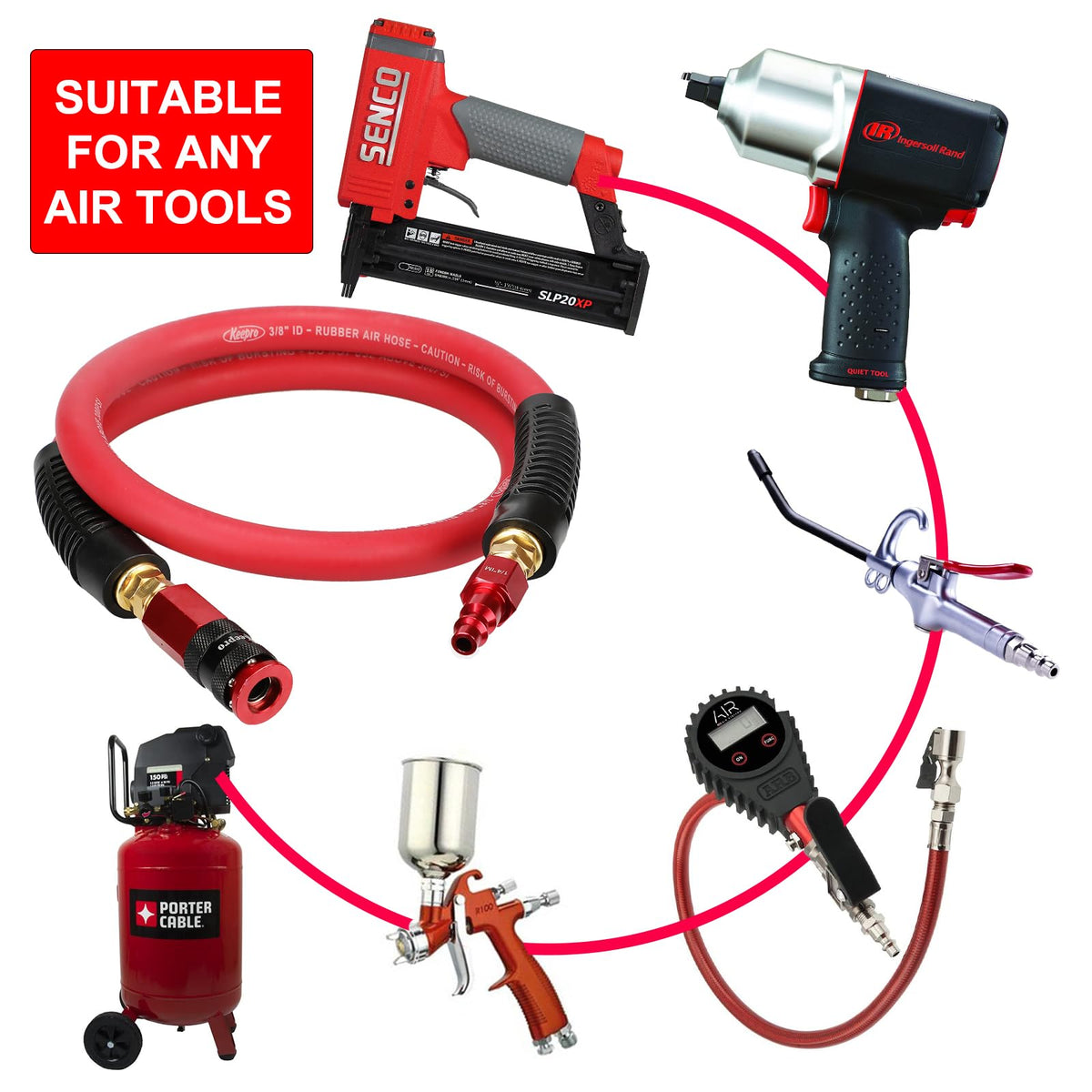 Keepro air hose with universal quick coupler fits I/M, A, T plugs.