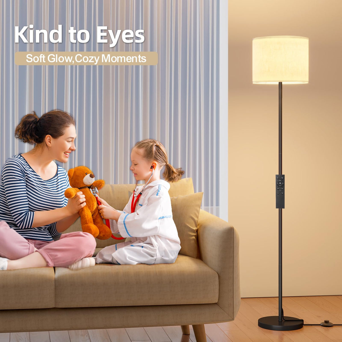 Keepsmile linen shade floor lamp with diffuse warm light.