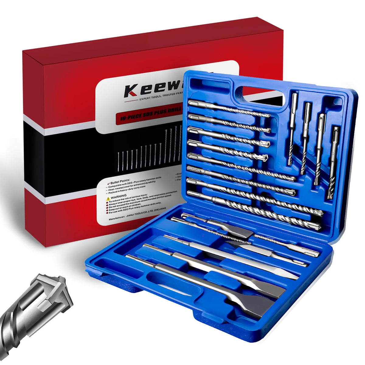Keewaki SDS Plus hammer drill bits kit for concrete, organized in a compact case