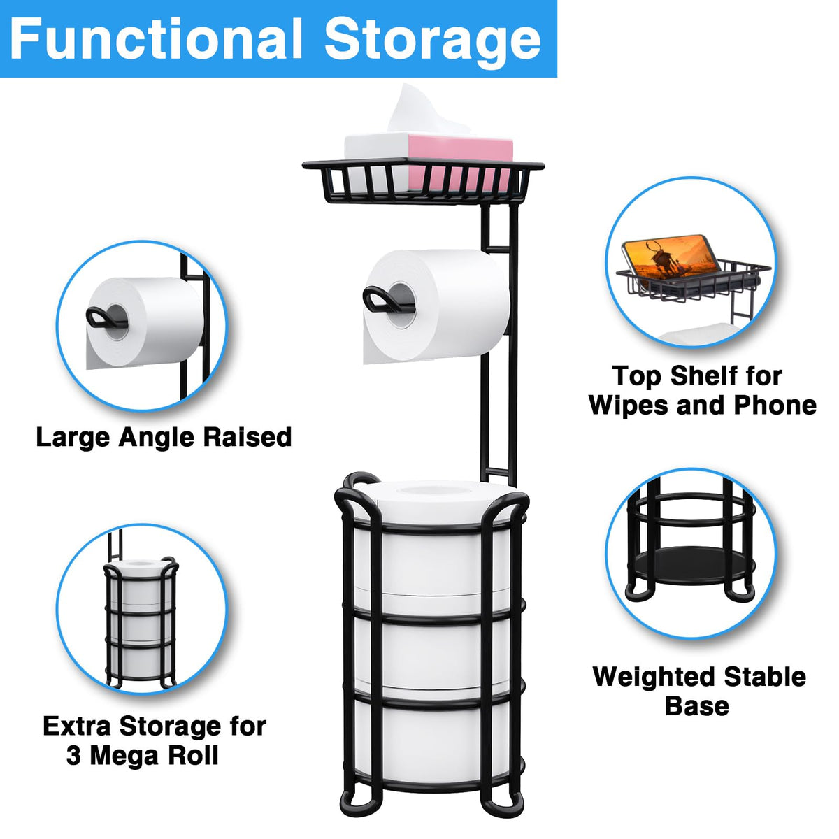 KeFanta sturdy black metal base keeps rolls stable and within reach.