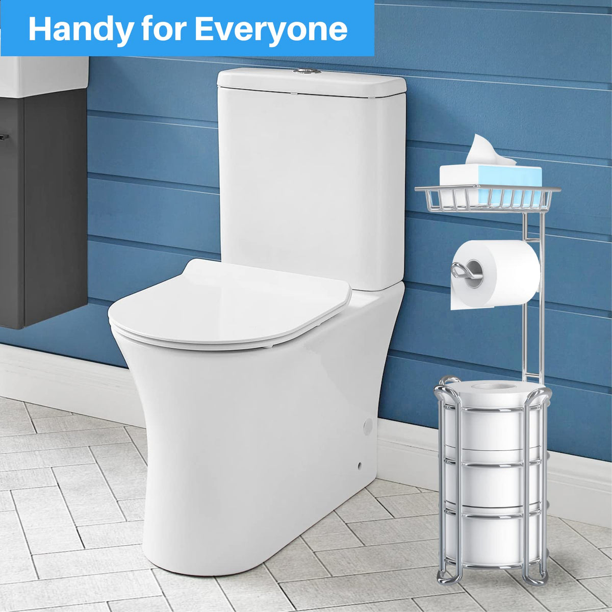Kefanta free-standing toilet paper stand fits compact bathroom spaces
