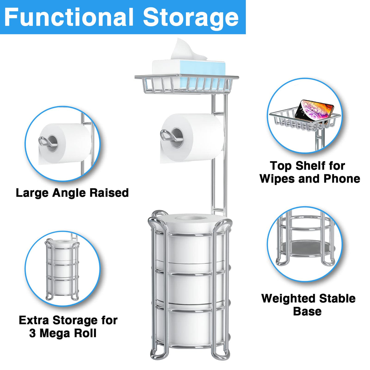 Kefanta toilet paper stand with shelf providing convenient storage for phone and wipes