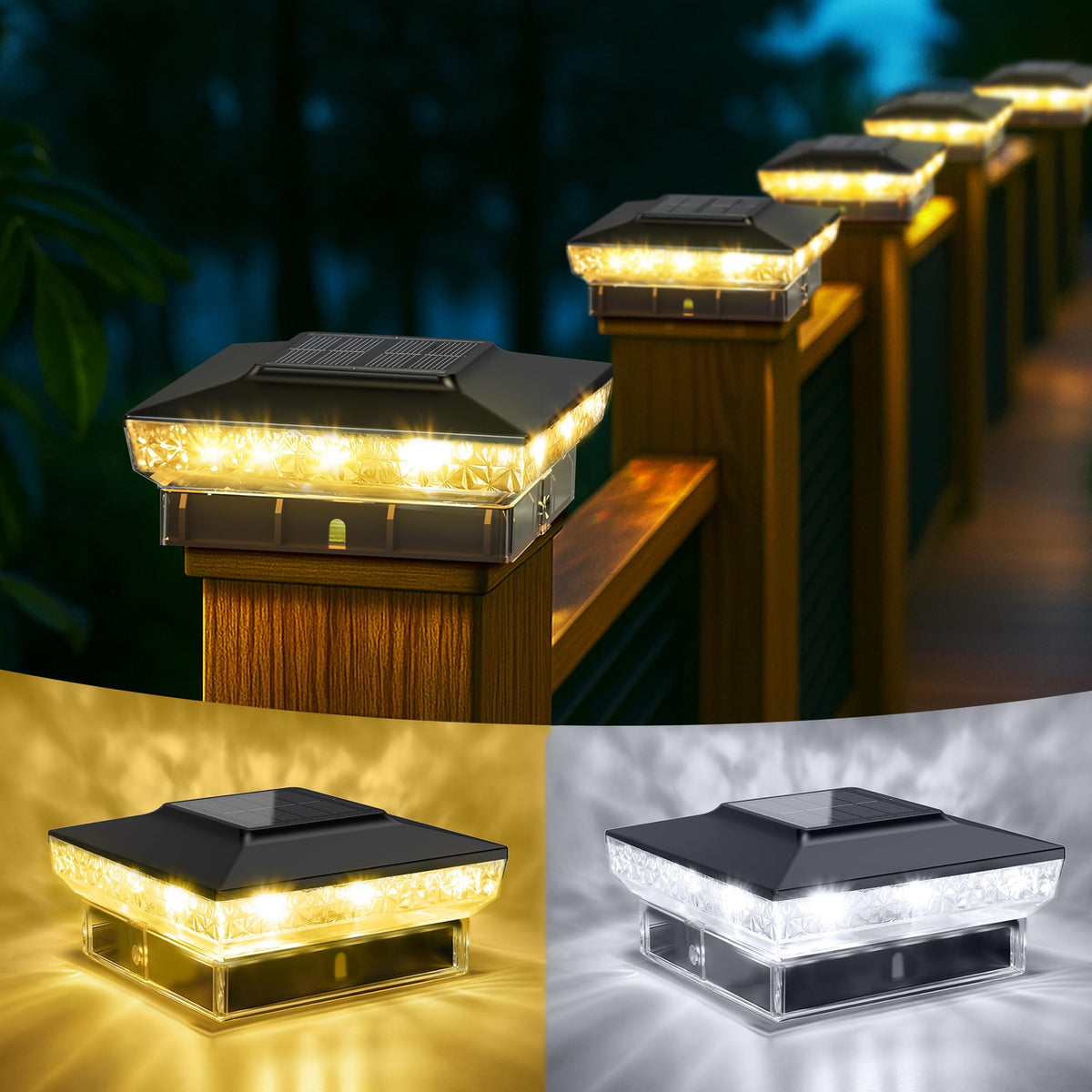 Keilaimo solar post-cap light on a 4x4 post top provides safe deck illumination