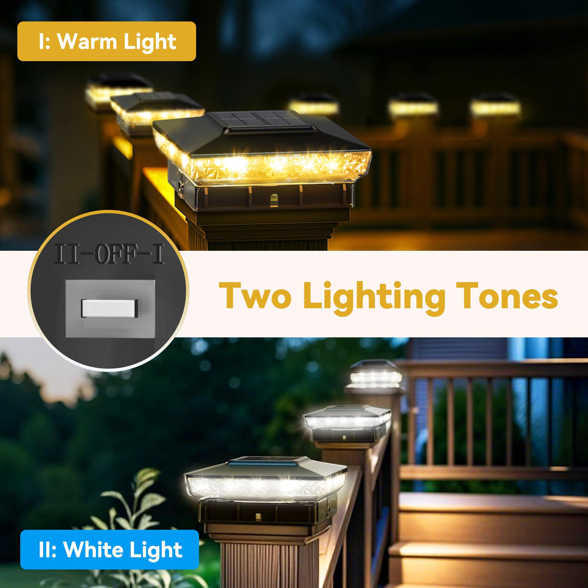 Keilaimo solar post-cap light on a 5x5 post top enhances fence-line visibility