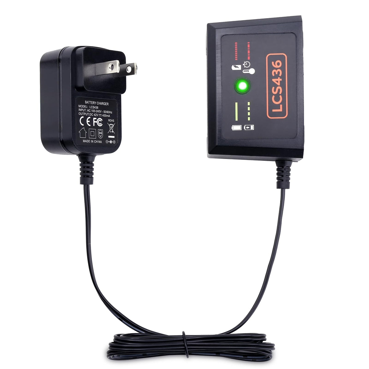Kekepowtobat 40V charger front view showing compact design for easy storage.