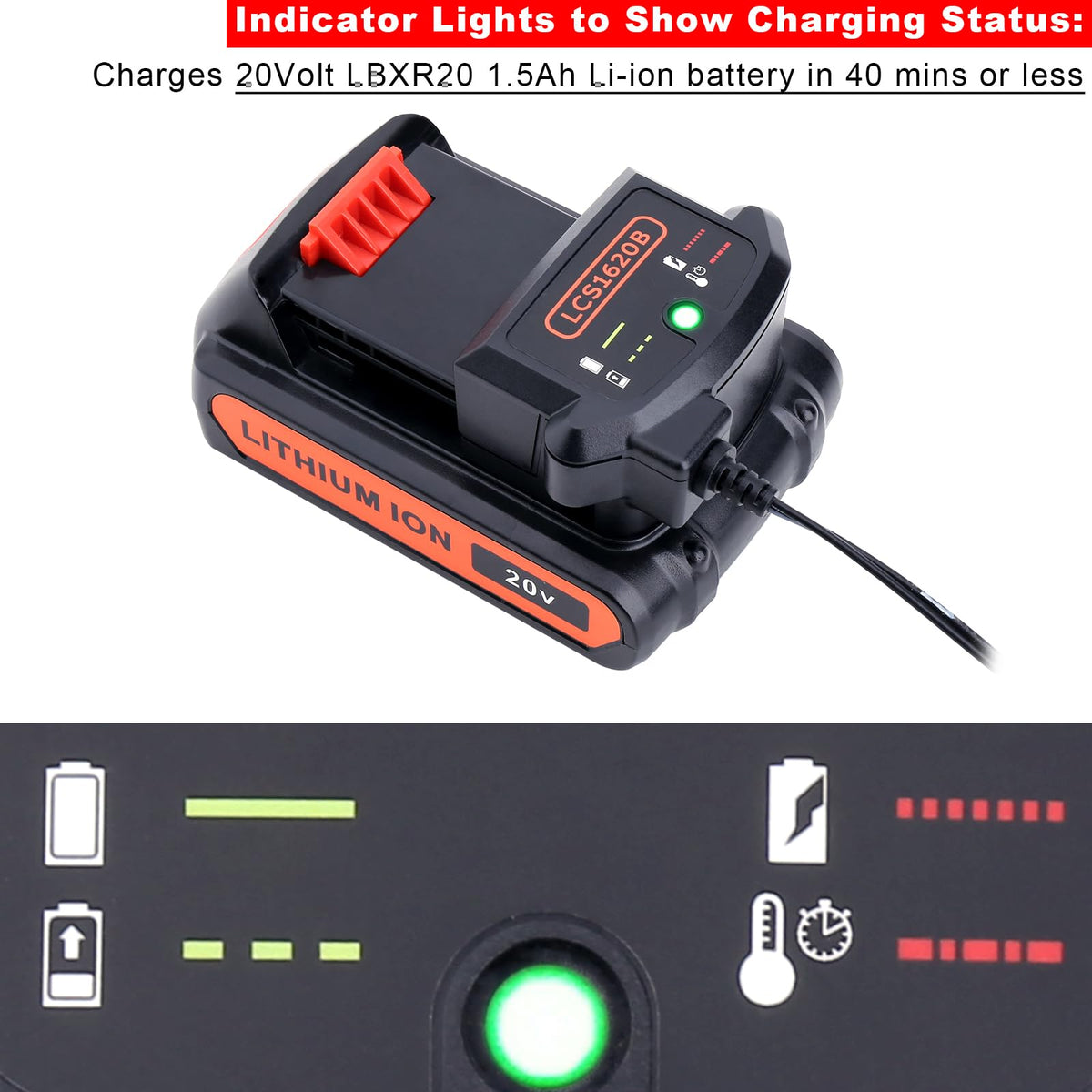 Kekepowtobat LCS1620B LED indicator shows charging progress for Black and Decker batteries.