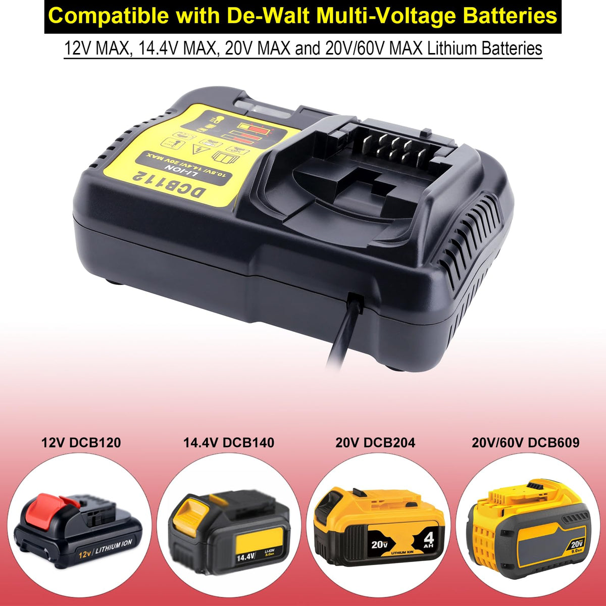 Kekepowtobat multi-voltage charging flexibility supports DeWalt 12V, 14.4V, 20V packs.