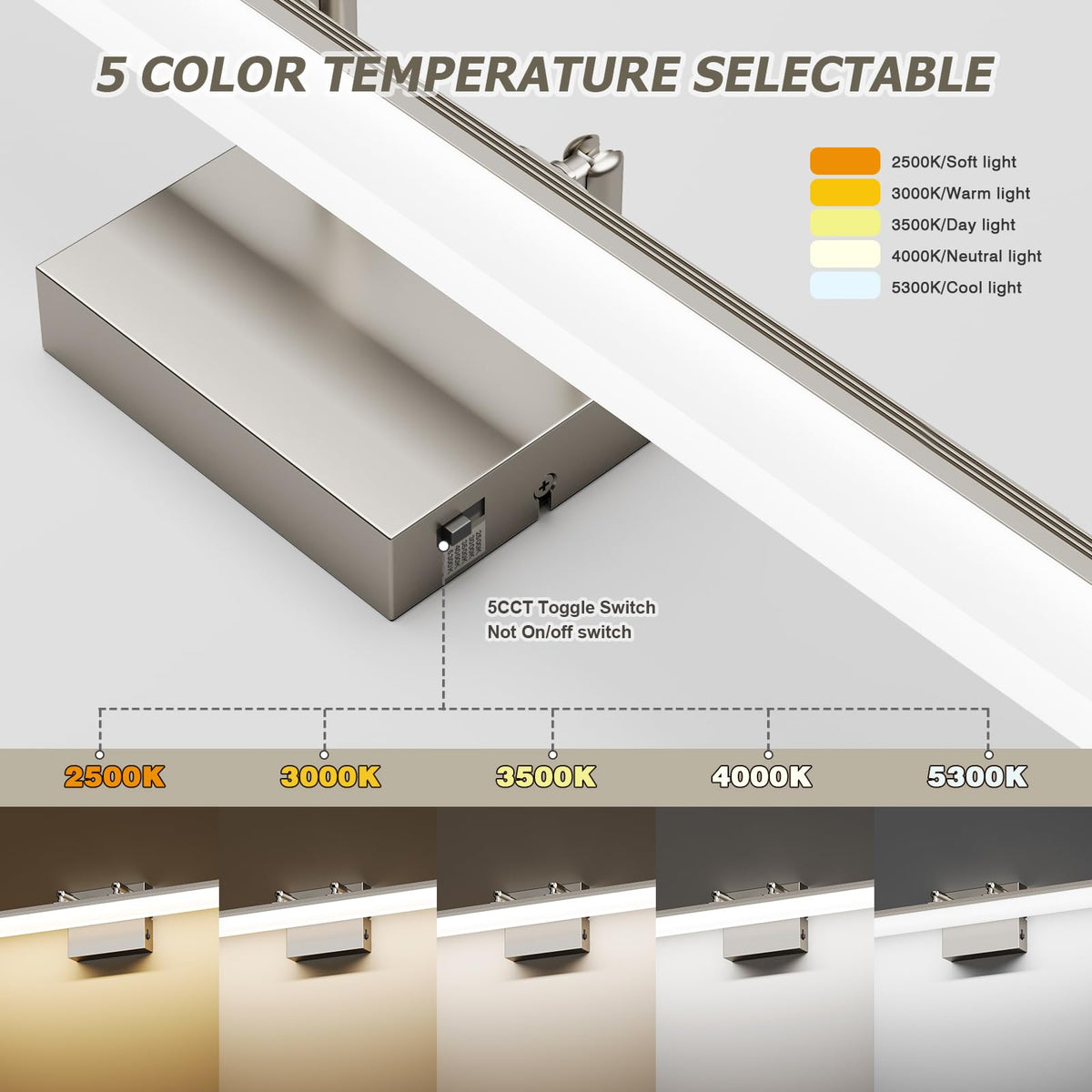 Keliden brushed nickel LED bar detail highlights a slim, durable profile