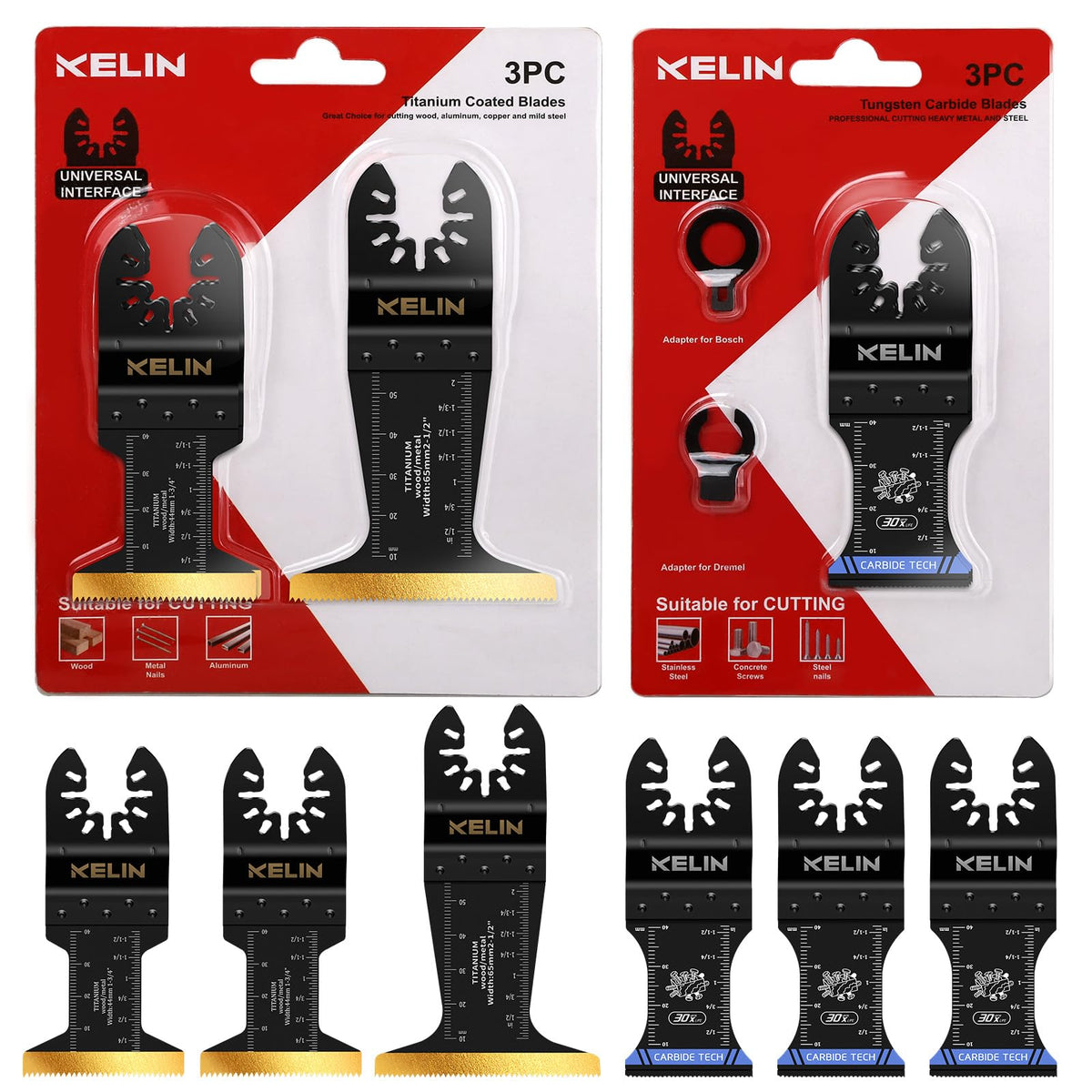 KELIN 6-piece blades kit in a hangable case for easy storage.