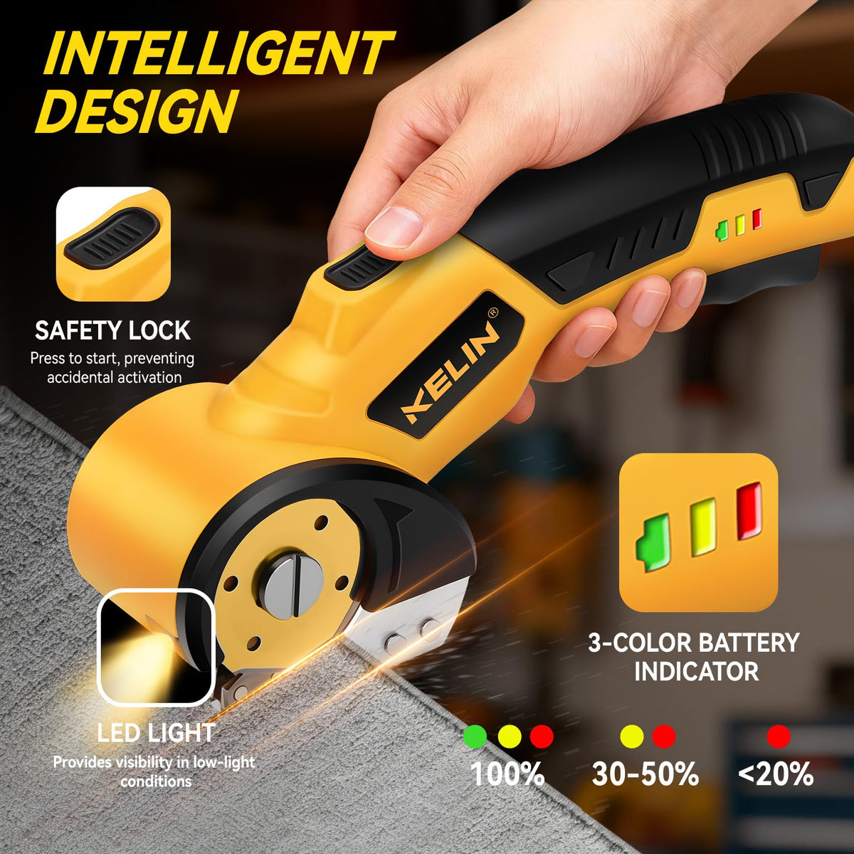 KELIN LED light in action aiding precise cuts