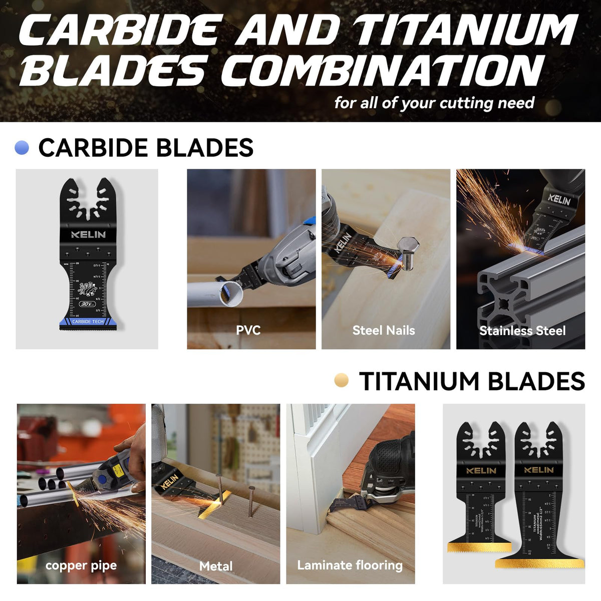 KELIN titanium wood blades deliver clean, cooler wood cuts.