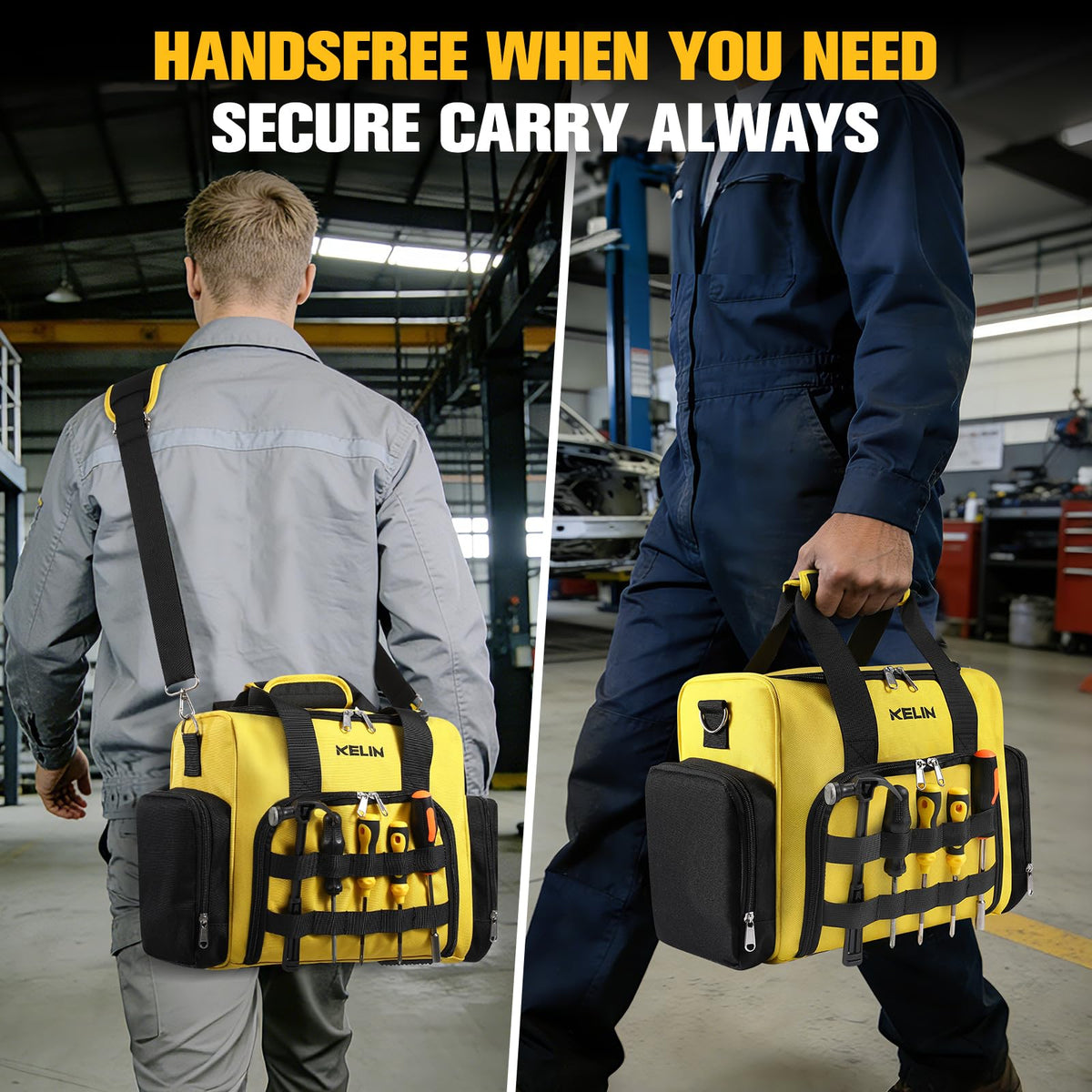 KELIN Tool Bag Box Organizer with side pockets for easy screwdriver access.