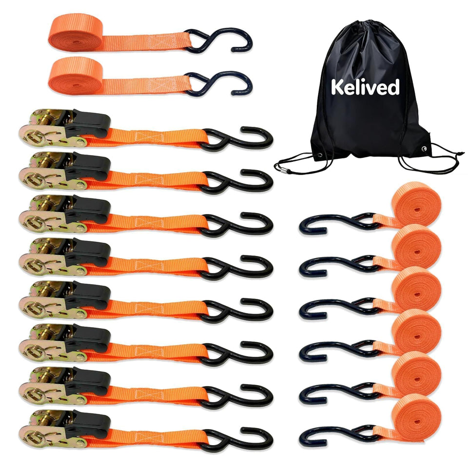 Kelived 8PK ratchet straps with 1in webbing secure cargo on trucks.