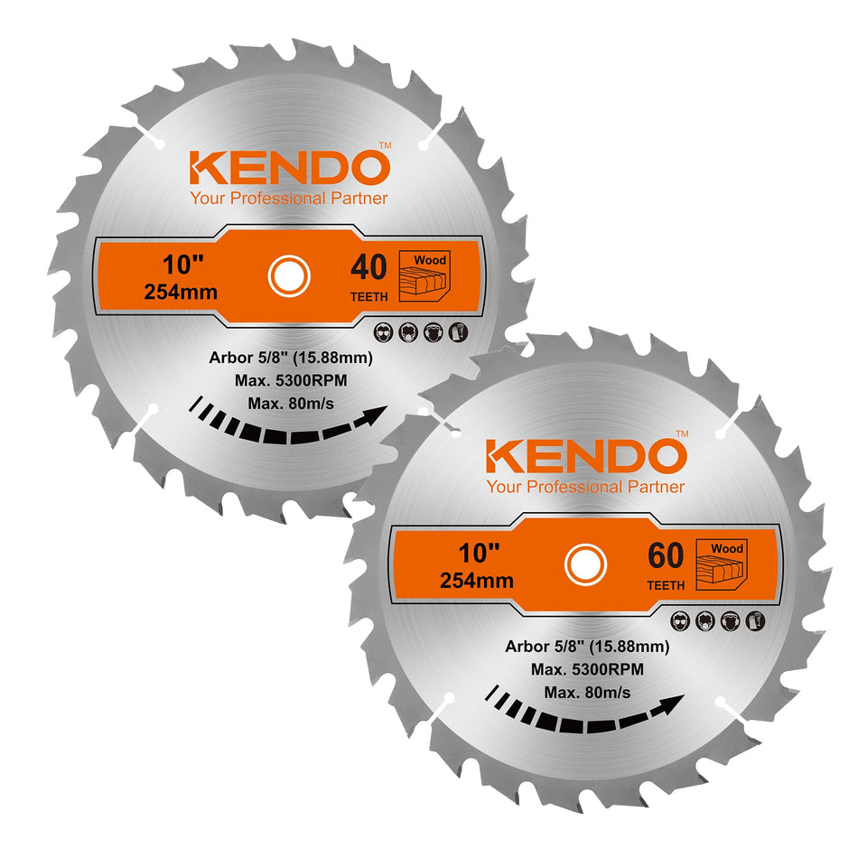 Kendo 10-inch 40T carbide blade for clean crosscuts and edge quality.