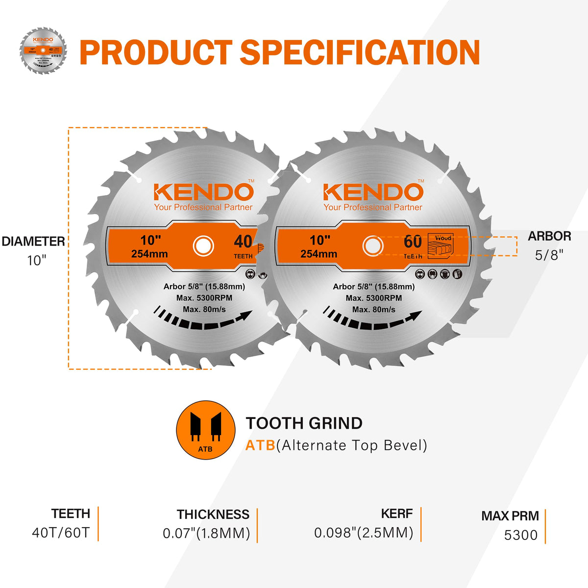 Kendo 10-inch 60T carbide blade for fine finishing on softwood and hardwood.