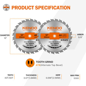 Kendo 10-inch 60T carbide blade for fine finishing on softwood and hardwood.