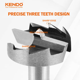 KENDO Forstner Bit Set size range displayed for versatile drilling.