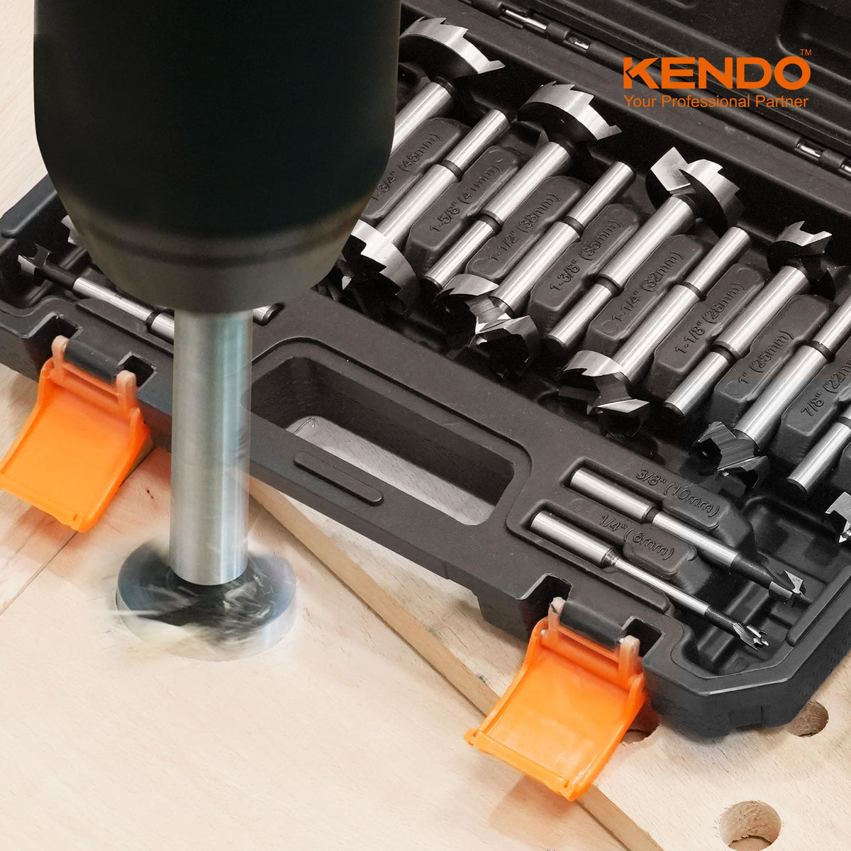 KENDO Forstner Bit Set stored securely in a sturdy case.