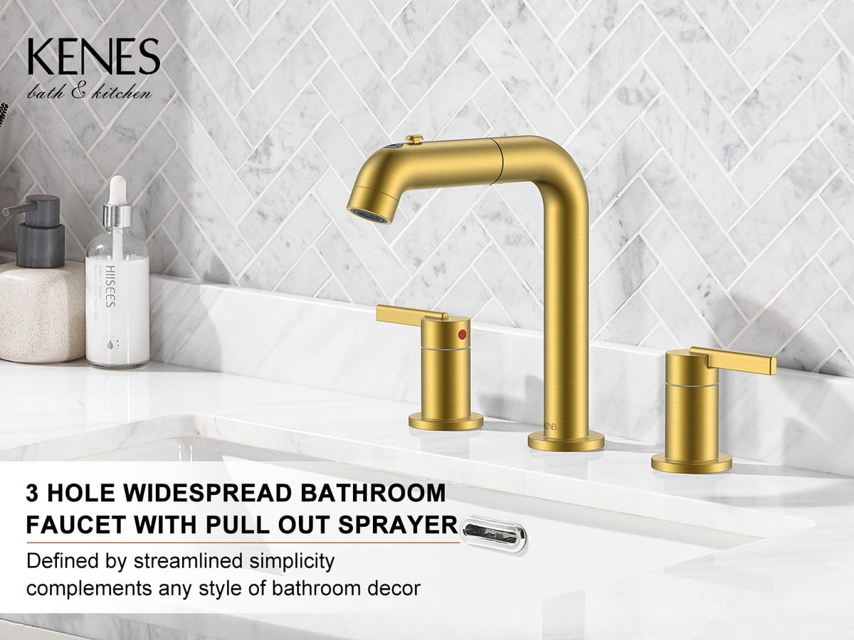 KENES 8-inch widespread faucet with two handles and pull-out sprayer for precise water control.
