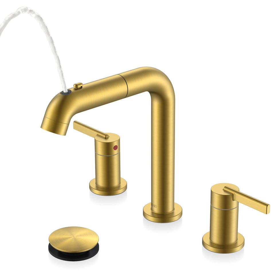KENES brushed gold pull-down faucet with sprayer for versatile bathroom rinsing and cleaning.