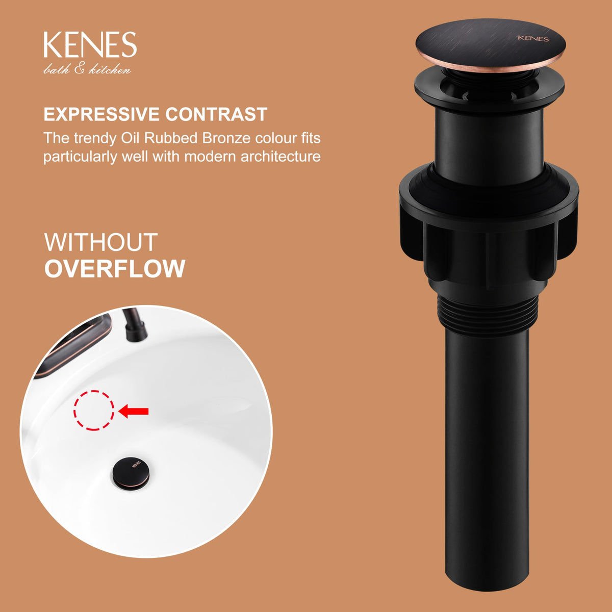 KENES easy-install pop-up drain highlights hand-tight installation
