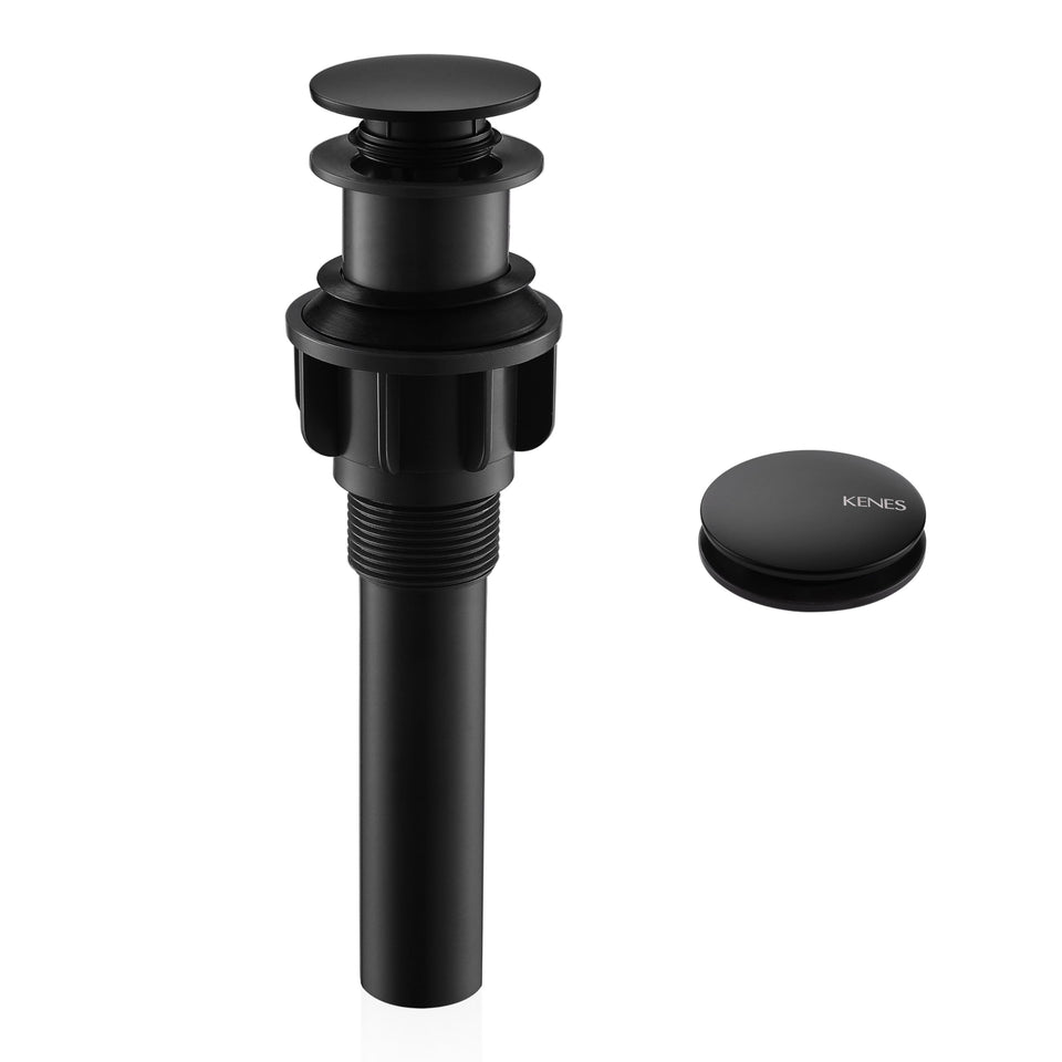 KENES KE-P300A-2 matte black pop-up drain, front view, sleek vessel sink upgrade.