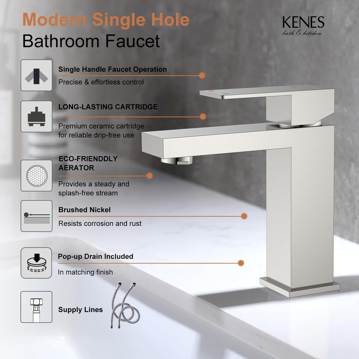 KENES LJ-9031 supply lines in stainless steel provide durability.