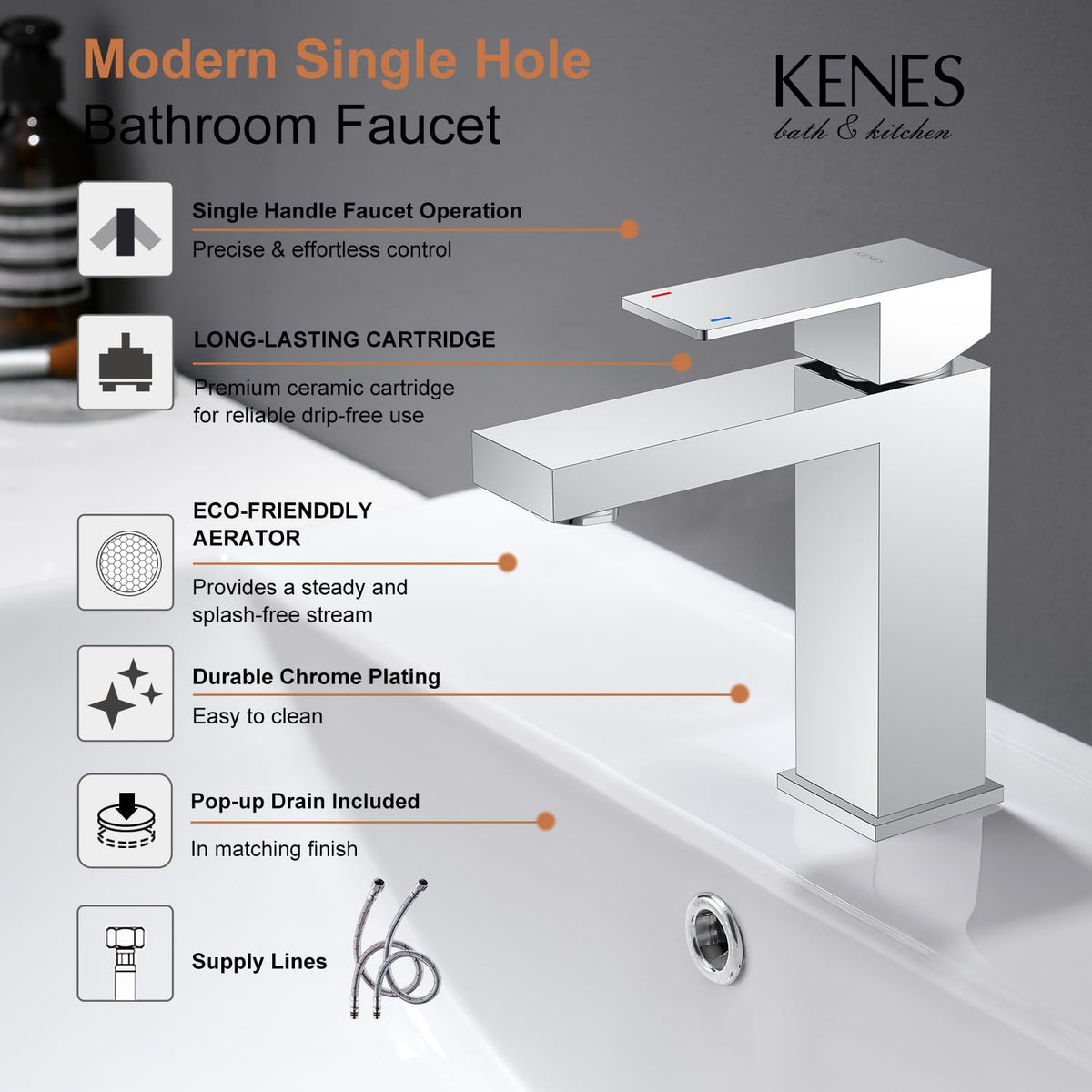 KENES LJ-9031-5 pop-up-drain included for quick vanity maintenance.