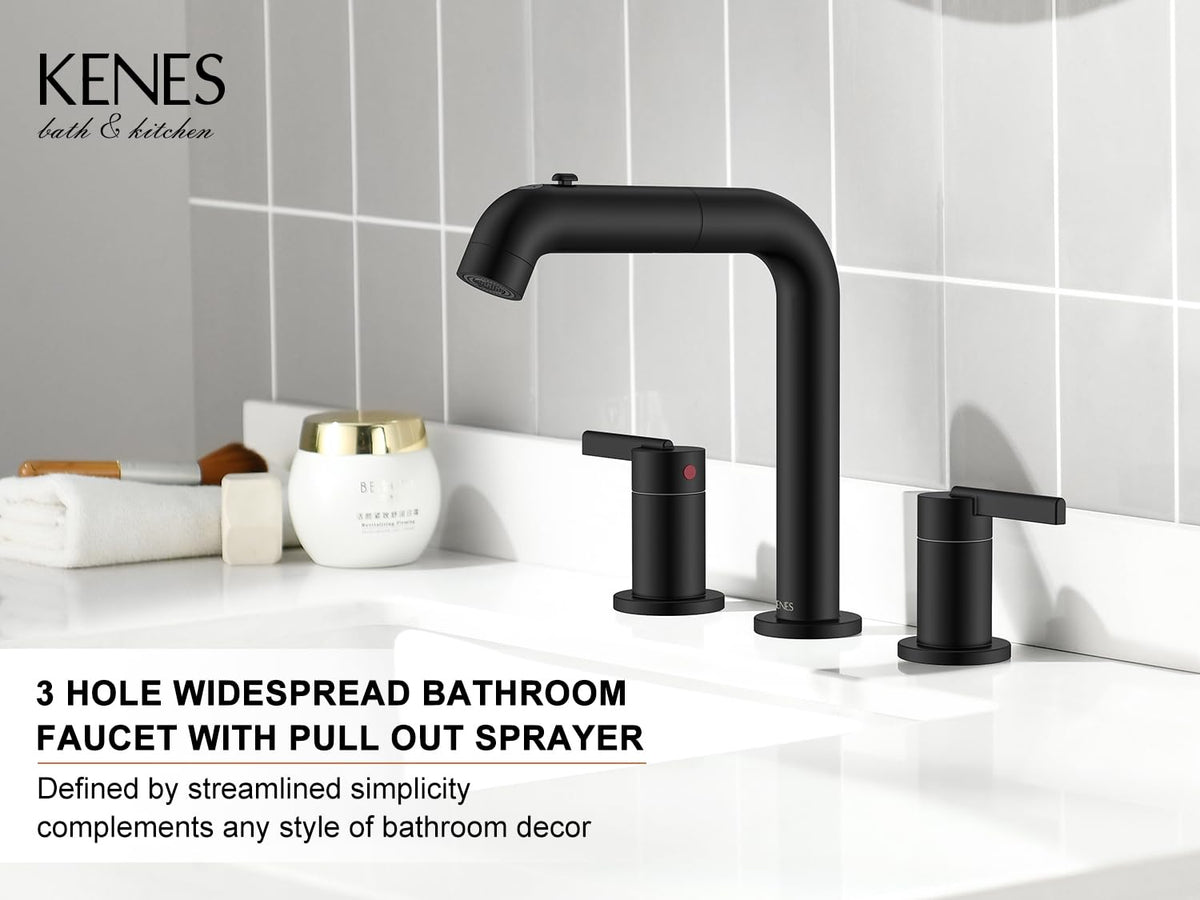 KENES 8-inch widespread installation angle view highlights seamless three-hole setup.